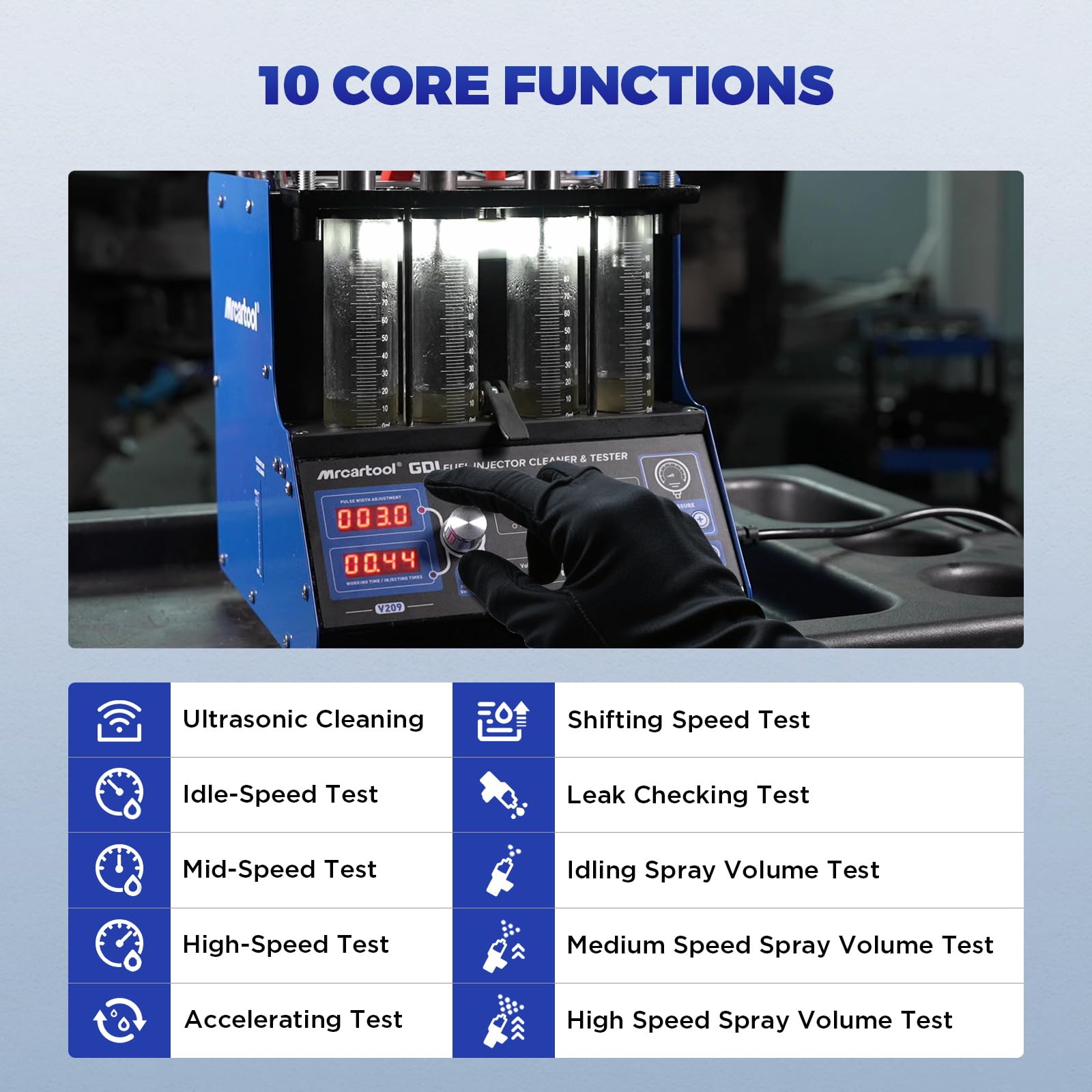 V209 Fuel Injector Cleaner Machine, 110V 4-Cylinders Heated Ultrasonic Injector Cleaner Kit with 10 Functions, Diesel & Gasoline Fuel Injector Tester for Car Motorcycle GDI/EFI/FSI Injectors