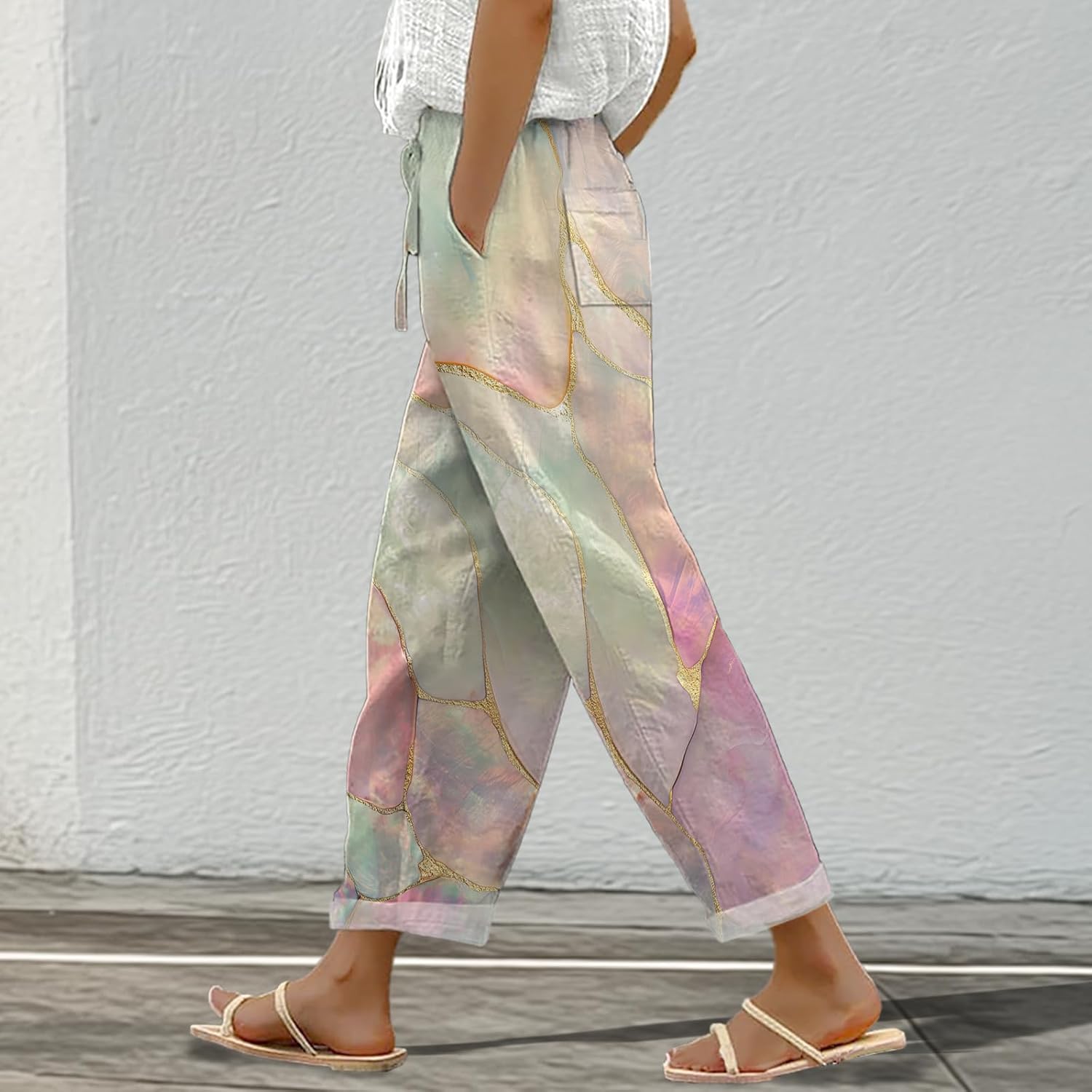 Lounge Pants for Women Trendy Floral Elastic High Waist Drawstring Palazzo Pants Summer Casual Trousers - Image 2