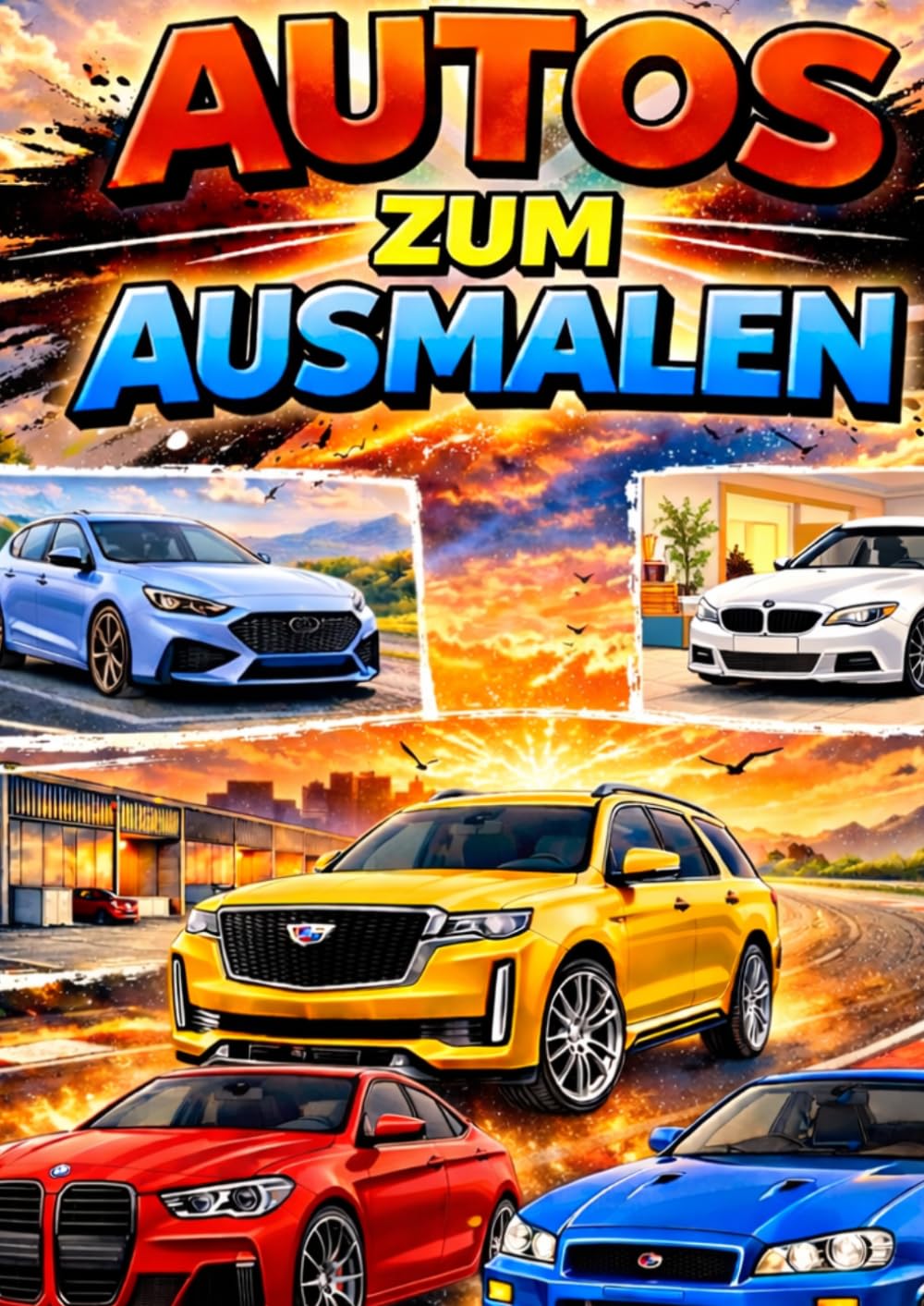 Ausmalbilderbuch über Autos: verschiedene Marken und Modelle von alt bis neu