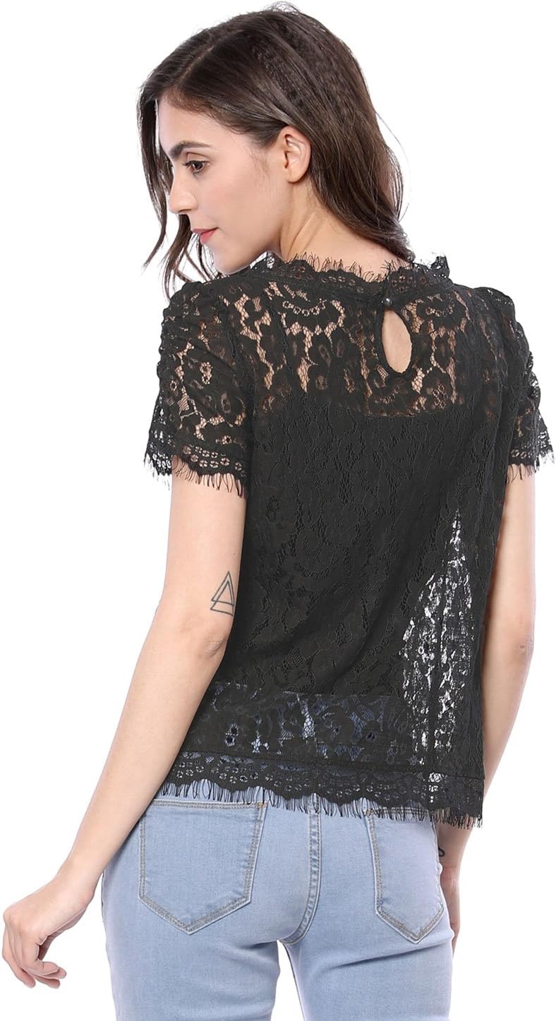 Allegra K Women's Lace Floral Scalloped Trim Short Sleeve Semi Sheer Top - Image 6