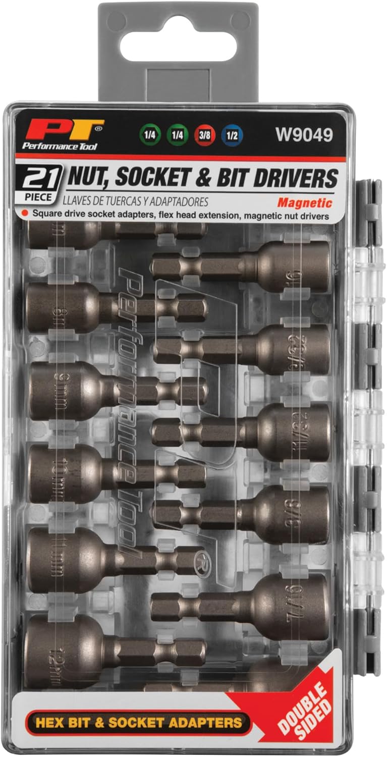Performance Tool W9049 Magnetic Hex Nut Driver Master Kit, Cr-V Steel | 1/4-Inch-Inch Quick-Change Hex Shank | SAE & Metric-Inch, 21pc socket, bit & nut driver set