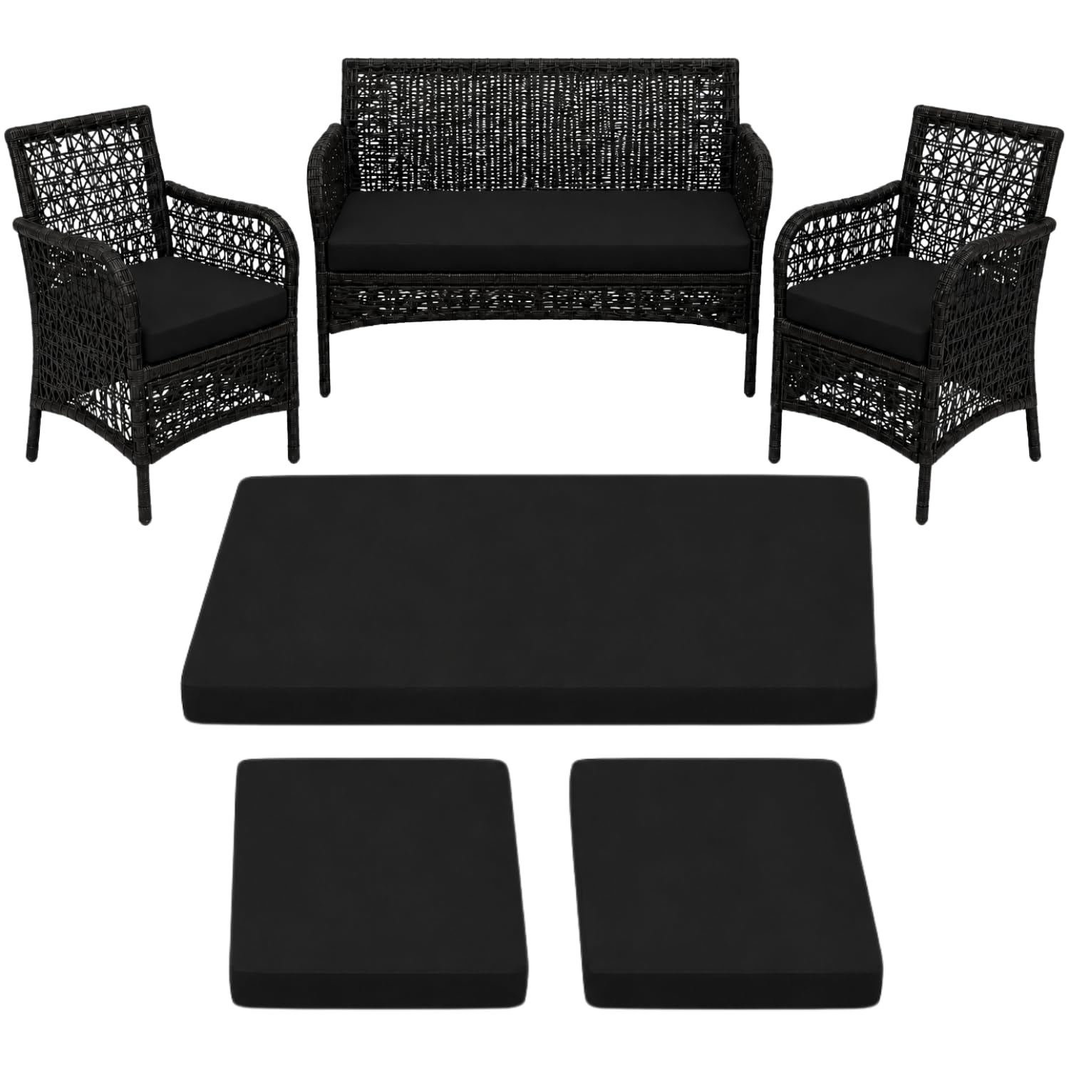 3 Piece Rattan Furniture Replacement Cushion Set, 5 cm Thick High Density Foam Garden Seat Pads, Water-Resistant Outdoor Cushions for 2 Chairs & Sofa, Patio, Balcony and Conservatory - Black