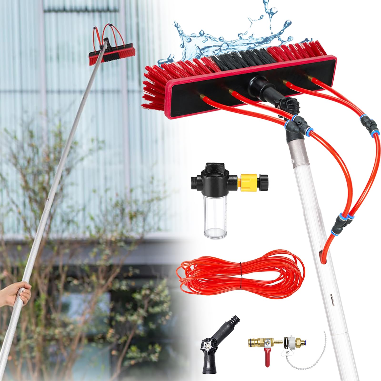ZBBGTJK 9m Water Fed Window Cleaning Pole with 35cm Brush & Soap Dispenser for Solar Panels Patios Roofs & Cars Efficient Perfect for Home Use