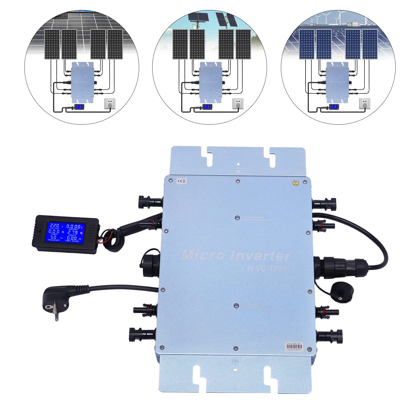 Micro inverter 1200 W, inverter solare con MPPT, efficienza 99,9%, impermeabile, per pannelli solari da 30 V/36 V, display LCD, accoppiato alla rete