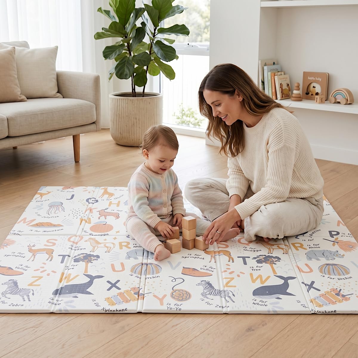 Primabobo Mata Piankowa do Zabawy 120x180cm, Duża Edukacyjna Mata Podłogowa dla Niemowląt, Wzór Alfabet i Zwierzątka Safari, Gruba Powierzchnia Izolująca, Wodoodporna, Pastelowy Design