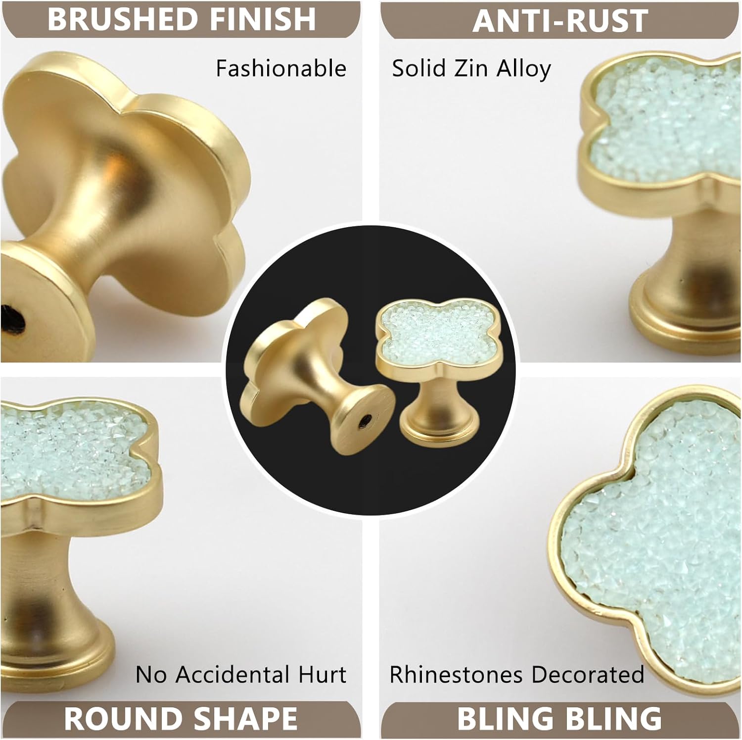 Luxury Crystal Dresser Knobs, Quatrefoil Shape, Gold Zinc Alloy with Rhinestones, 1.25-Inch Width, 1-Inch Height, 12 Pack in Black, Blue, Clear (Light Blue)