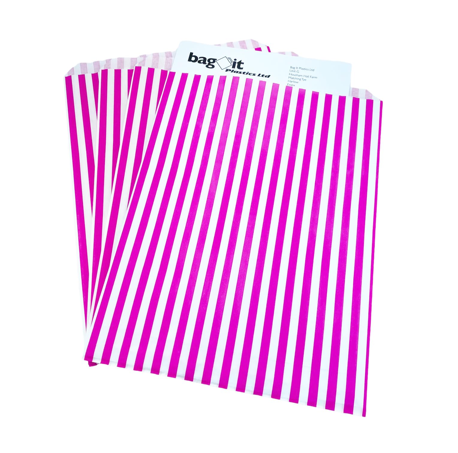Bag It Plastics | Stripe Paper Sweet Bags | Pink | 10" x 14" | Pack of 100 | Sweet, Popcorn, Wedding Favours & Cookie Bags | Premium UK Made! โ image 1