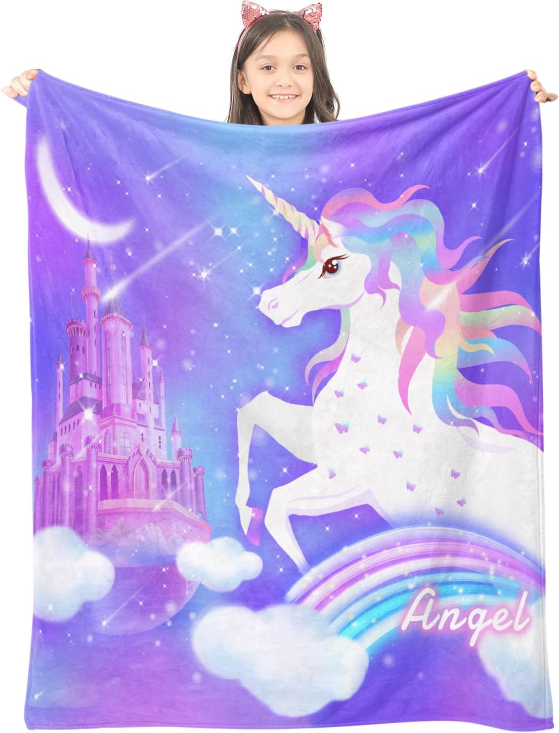 Personalized Custom Baby Blanket with Name, Unicorn Angel Design - Girls' Throw Blanket for Christmas, Easter, Birthday Gifts