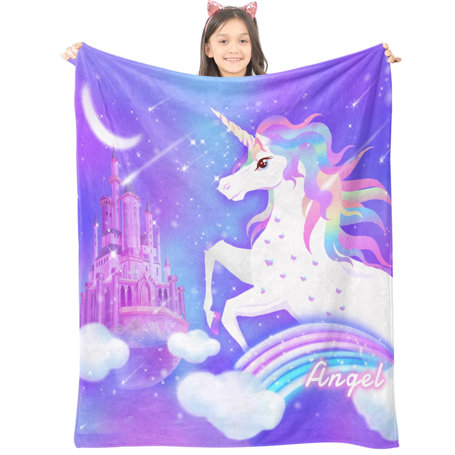 Personalized Custom Baby Blanket with Name, Unicorn Angel Design - Girls' Throw Blanket for Christmas, Easter, Birthday Gifts