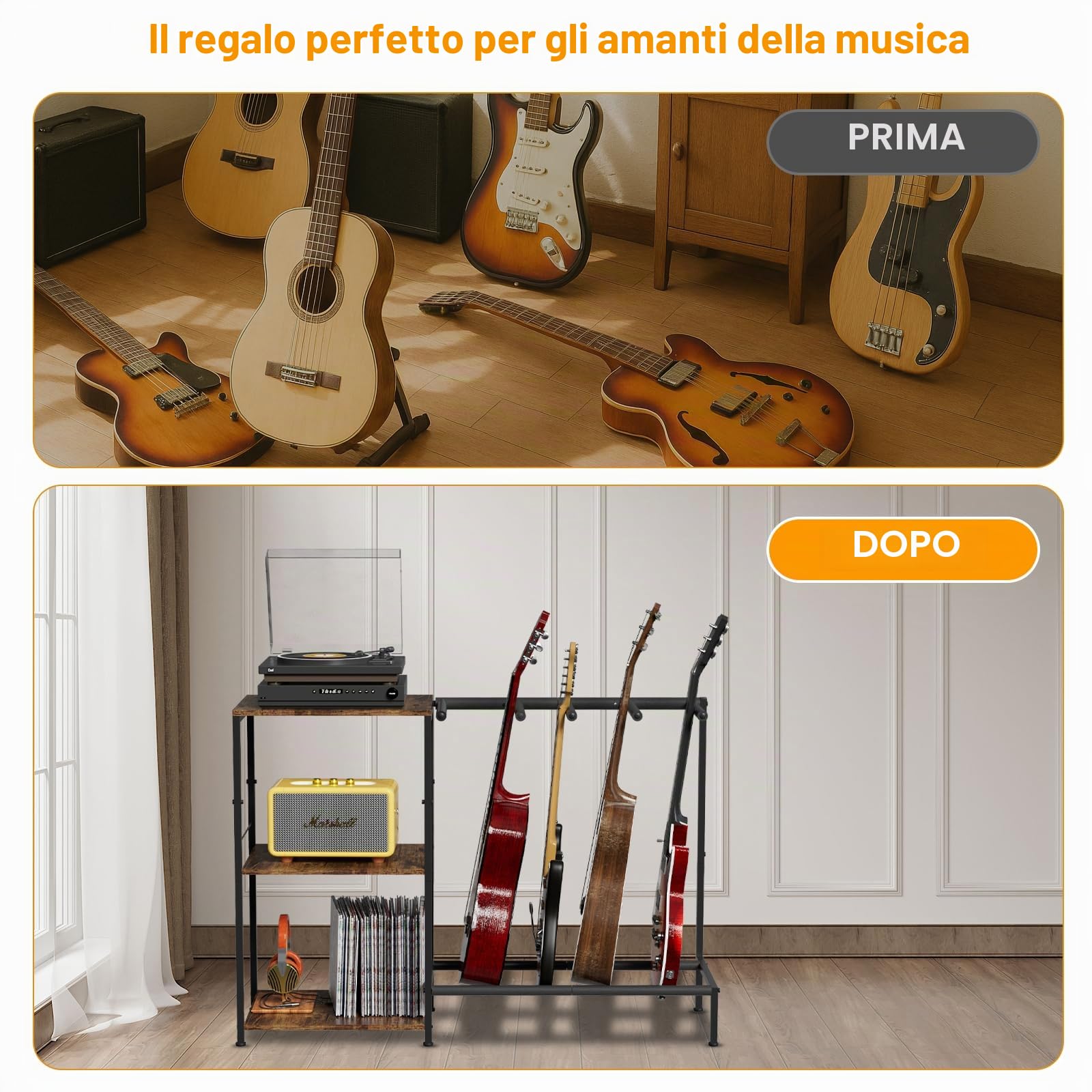 Supporto per chitarra, a 3 ripiani, per chitarra acustica, chitarra elettrica, basso, regolabile, multi display per chitarra, sala musica, studio domestico con ripiano, accessori per