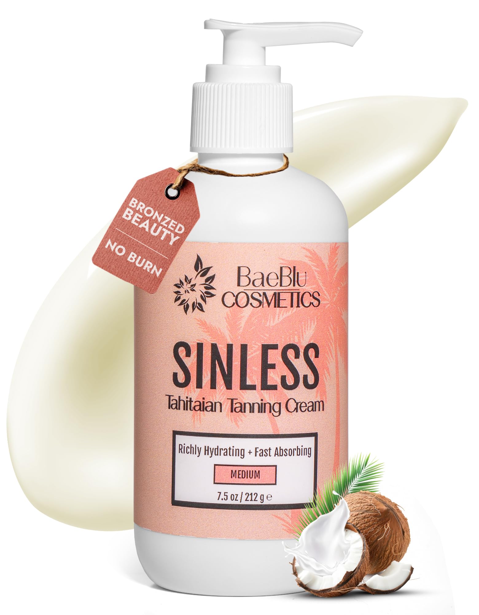 BaeBlu - Sinless Tahitian Self Tan Lotion - Sunless Tanning Lotion with Hydrating Monoi de Tahiti & Coconut Oils for Streak-Free, Golden Tan - No Orange, No Synthetic Fragrance - Vegan & Cruelty-Free