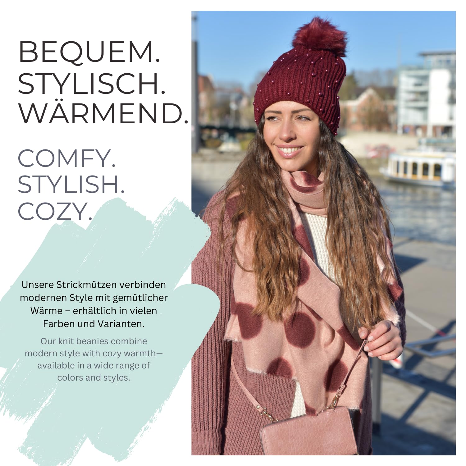styleBREAKER Gorro de Mujer de Punto con pompón y Forro Polar, Gorro de Invierno con pompón de Pelo 04024155