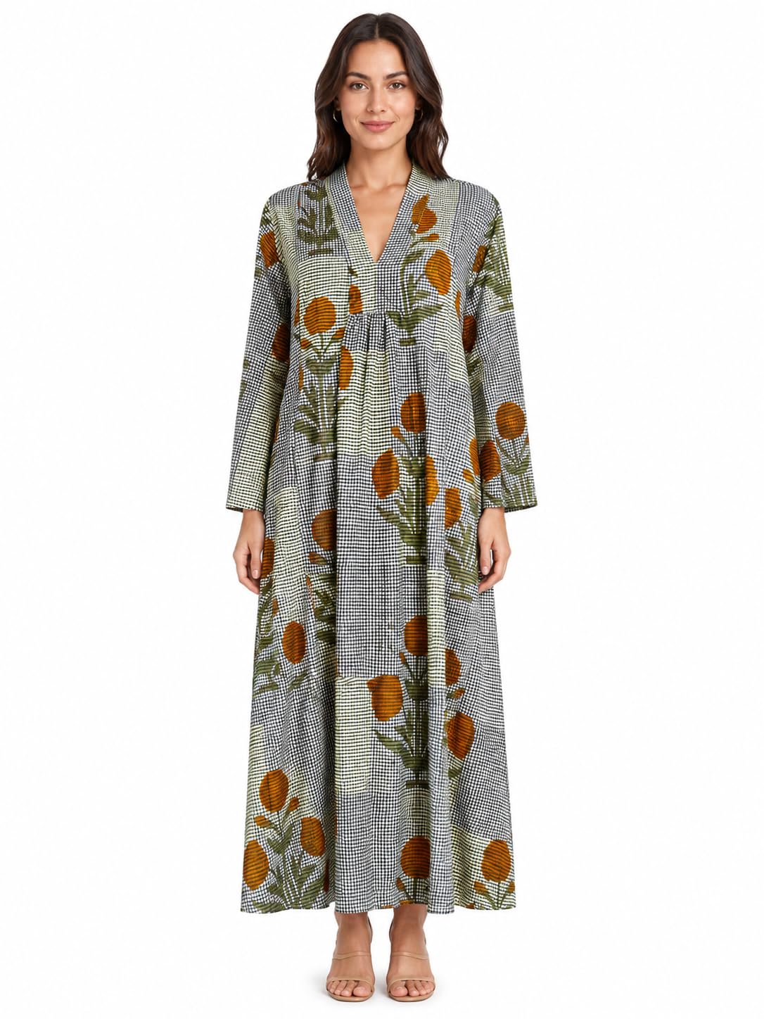 Women’s Cotton Printed Maxi Dress, Loose Fit Kaftan Style Long Dress, V-Neck Full Sleeve Boho Lounge & Casual Wear-image-26