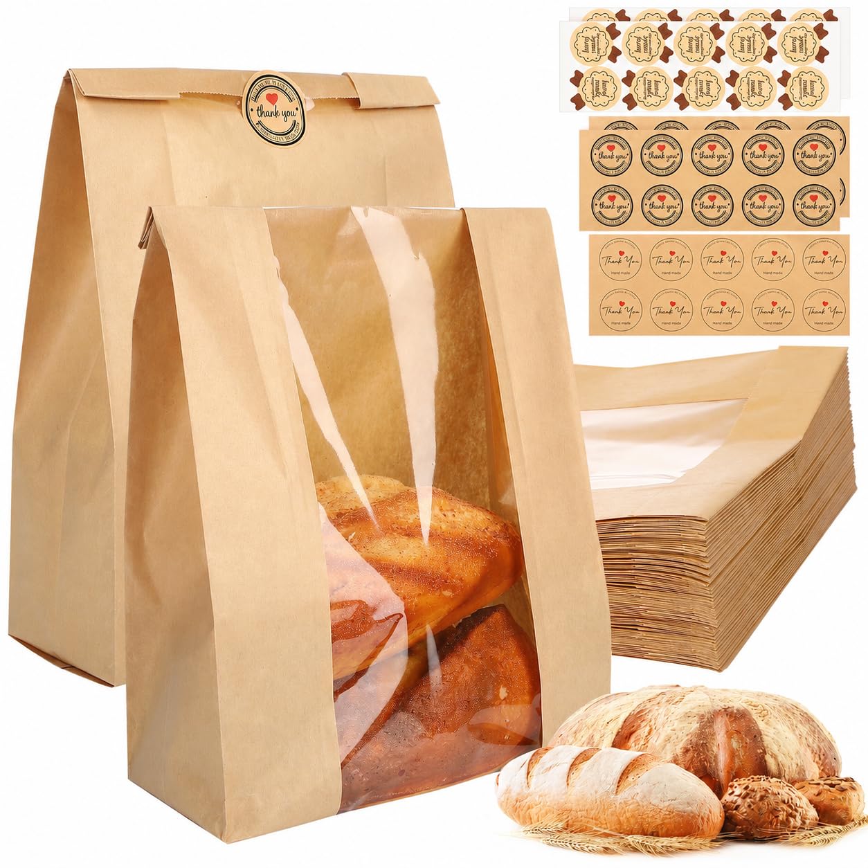 saerryor 50 Pack Large Paper Bread Bags for Homemade Bread with Stickers