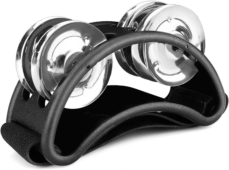 Flexzion - Pandereta de pie para adultos con cascabeles, color negro | Pandereta para zapatos con cascabeles de acero de doble hilera y banda elástica para ritmo con manos libres mientras toca el cajón o la guitarra
