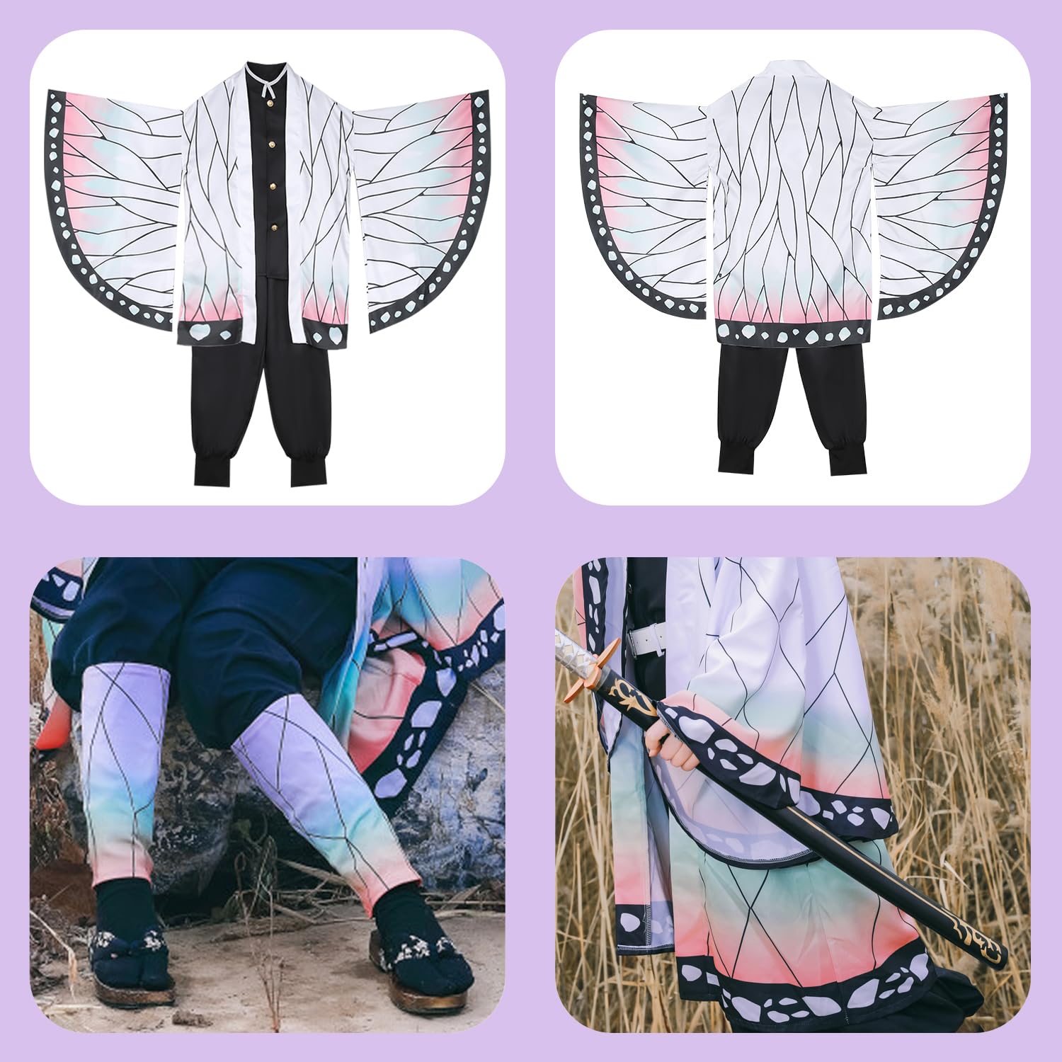 8 Pezzi Kochou Shinobu Costume Cosplay Kimono per Bambini Adulti Costume Anime Giapponese Kimono di Halloween Vestito con Parrucca