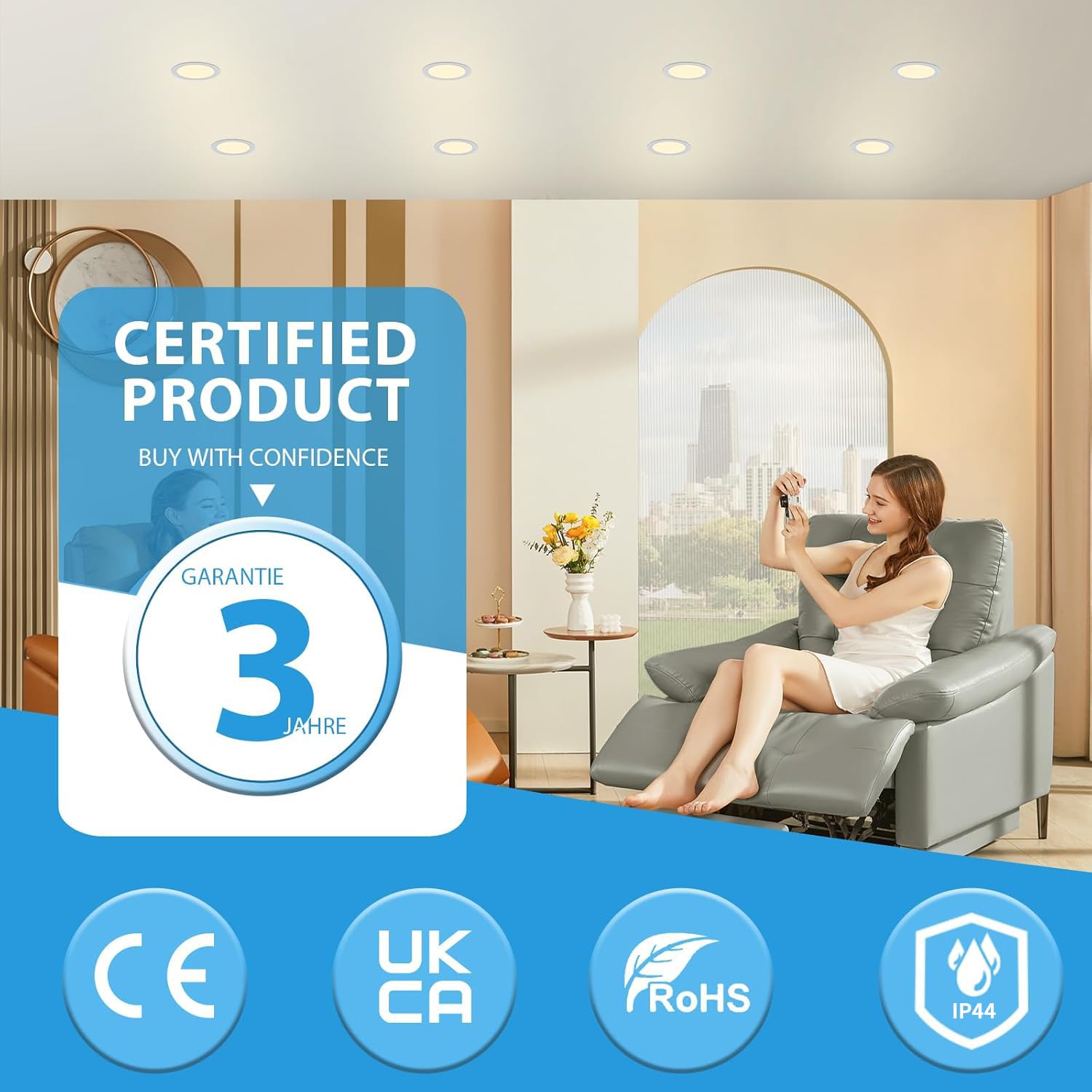 6 * 5W LED Techo Empotrable 220V Plano, Ojos de Buey LED para Techo 450LM, Blanco Cálido 3000K, Diámetro Agujeros ø75-90mm, Downlight para Baño Cocina, Salón