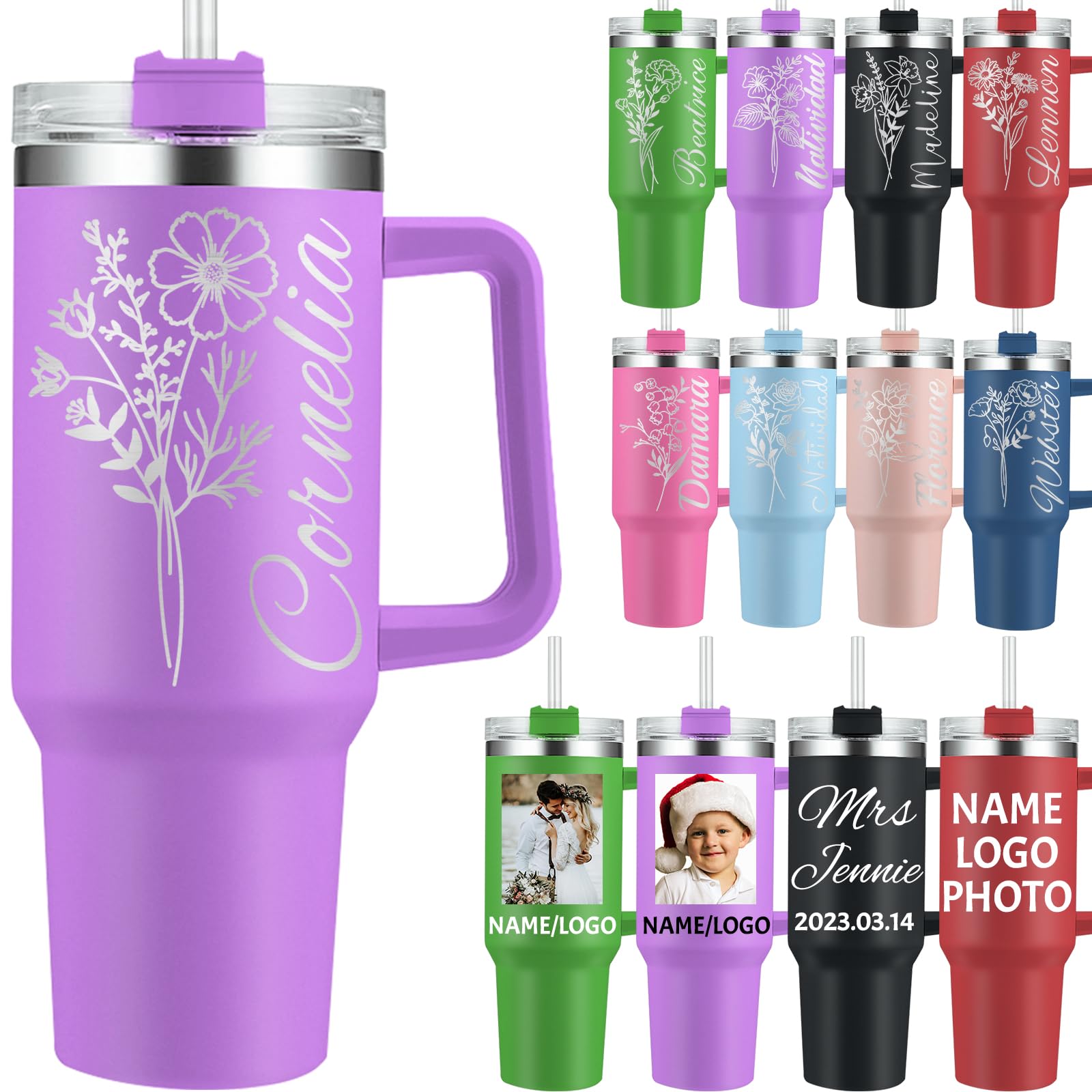 Personalized Tumbler with Handle Straw Custom 40oz Birth Flower Name Cup with Lid Photo Logo Customized Engraved Stainless Steel Travel Coffee Mug Gifts for Women Christmas Birthday
