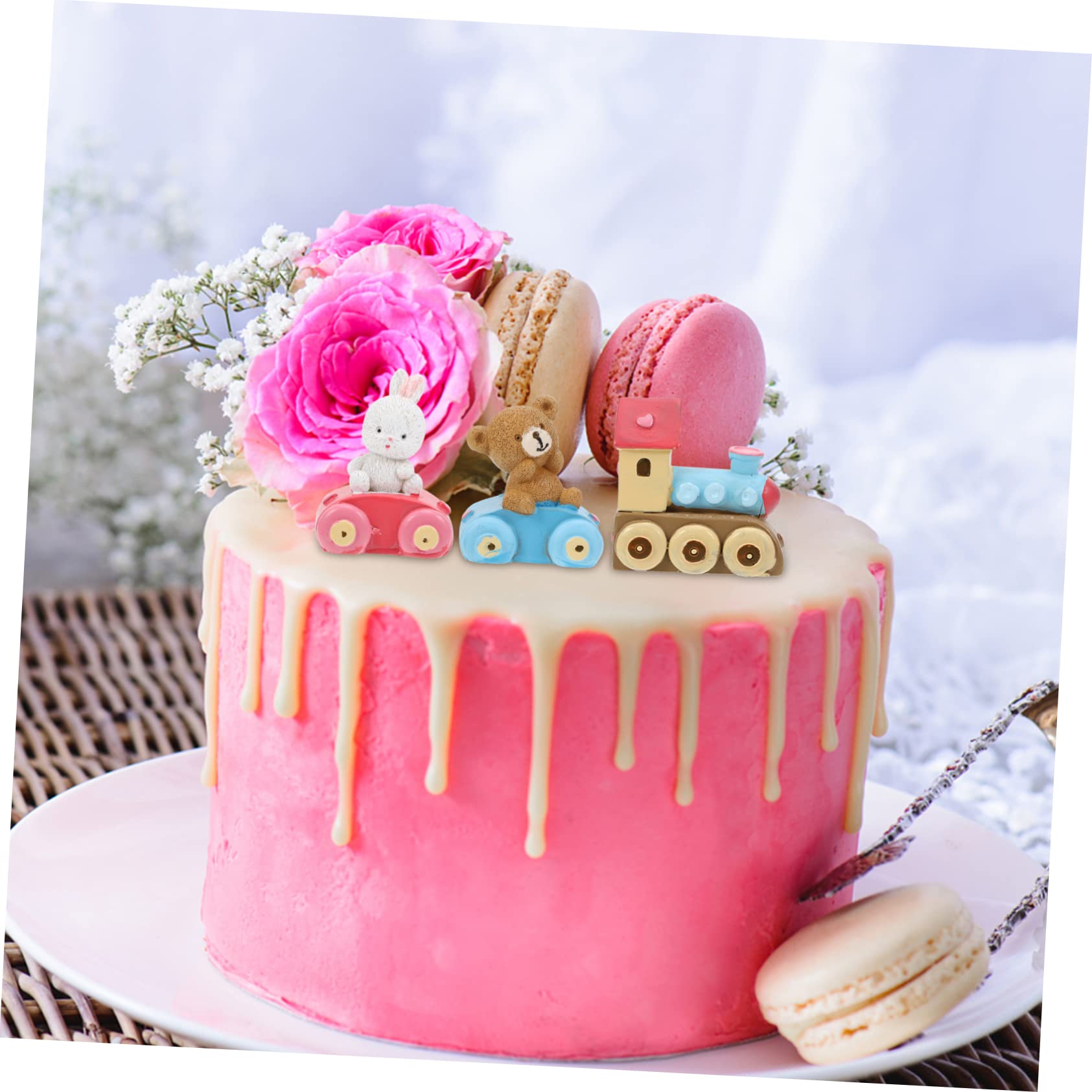 STOBAZA 3pièces Figurine De Décoration De Gâteau Résine Avec Ours Lapin Et Train Ornement De Bureau Mignon Pour Anniversaire Et