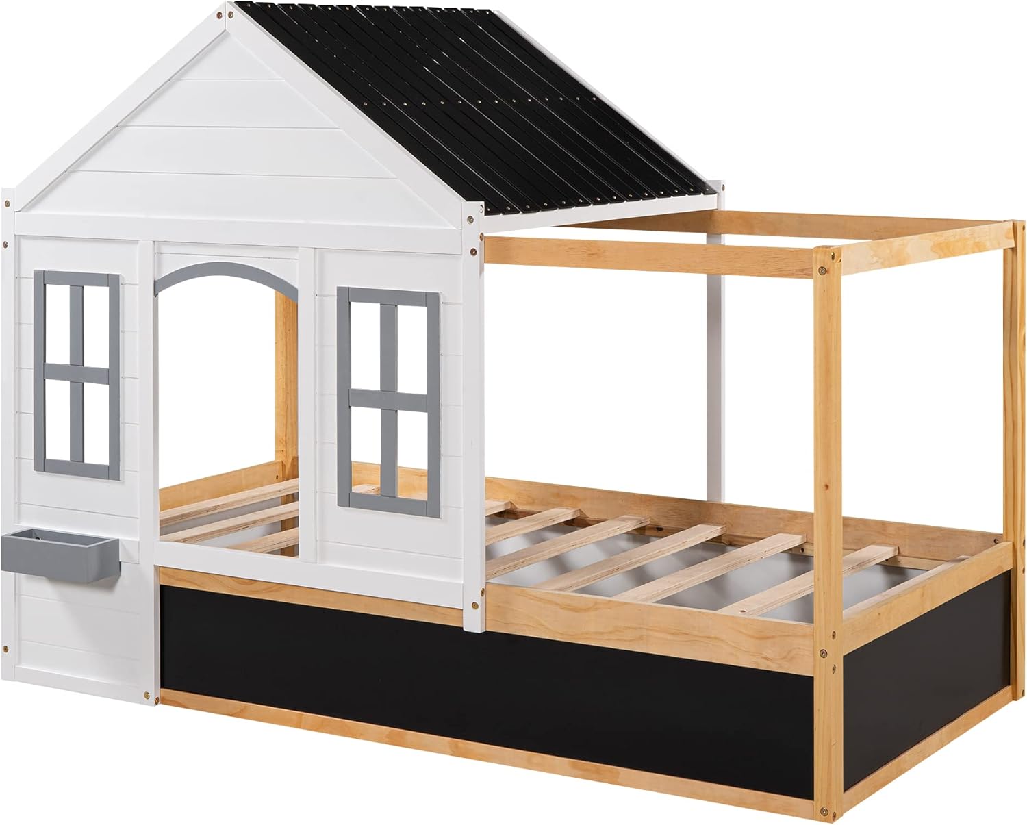 Twin Size Playhouse Bed for Kids,House Shaped Canopy Bed with Blackboard, Twin Bed with Little Shelf for Kids Girls Boys (Gray - Pine) (White + Pine Twin) (White + Pine Twin)