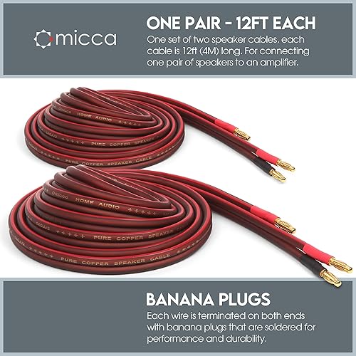 Miniatura 2 de Micca Cable de altavoz de cobre puro calibre 14, paquete de 2 conectores de plátano chapados en oro, construcción soldada, diseño delgado, 245