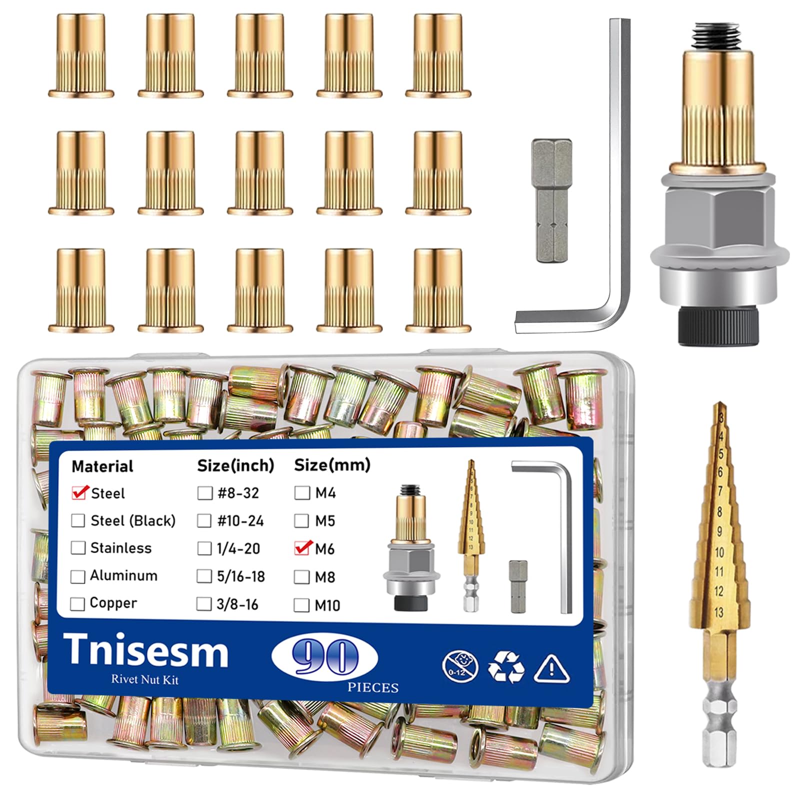 Tnisesm 90Pcs M6 Rivet Nut Installation Tool Sel, Carbon Steel Zinc Flat Head Riveter Nutsert Tool Kit