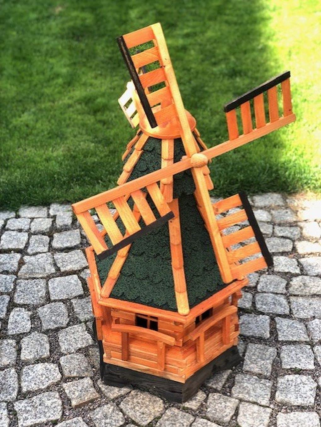 Molino de viento hexagonal hecho a mano para jardín, de madera, rodamiento de bolas, marrón/verde, altura 95 cm
