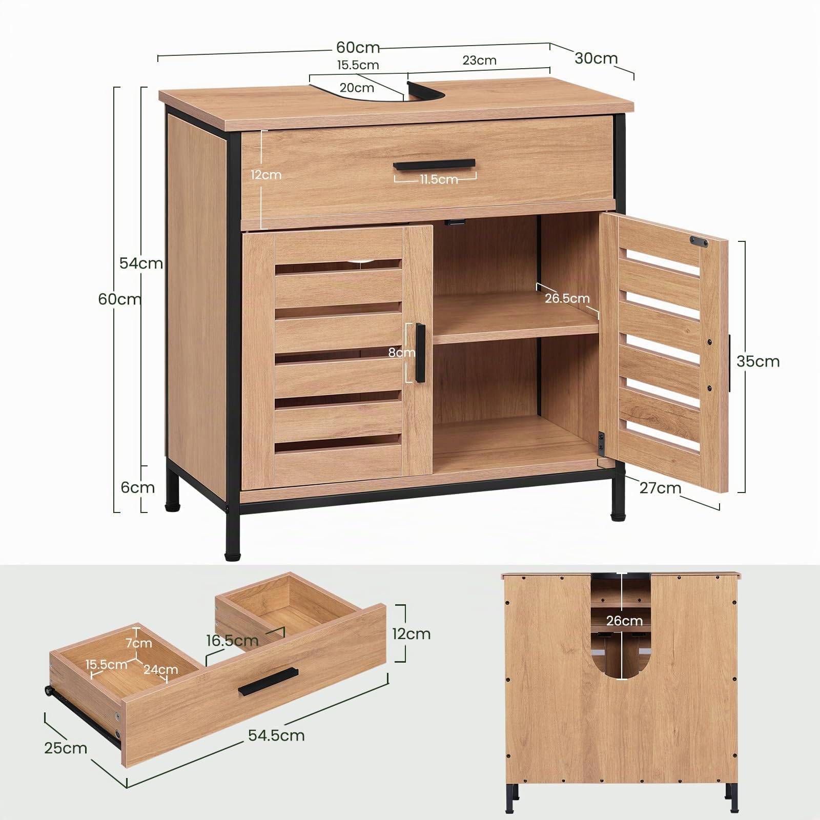 EUGAD Armario Bajo Lavabo, Mueble de Baño con Cajón y Puertas de Rejillas, con Recorte Sifón y Estante Ajustable, 60x30x60 cm, Roble Claro