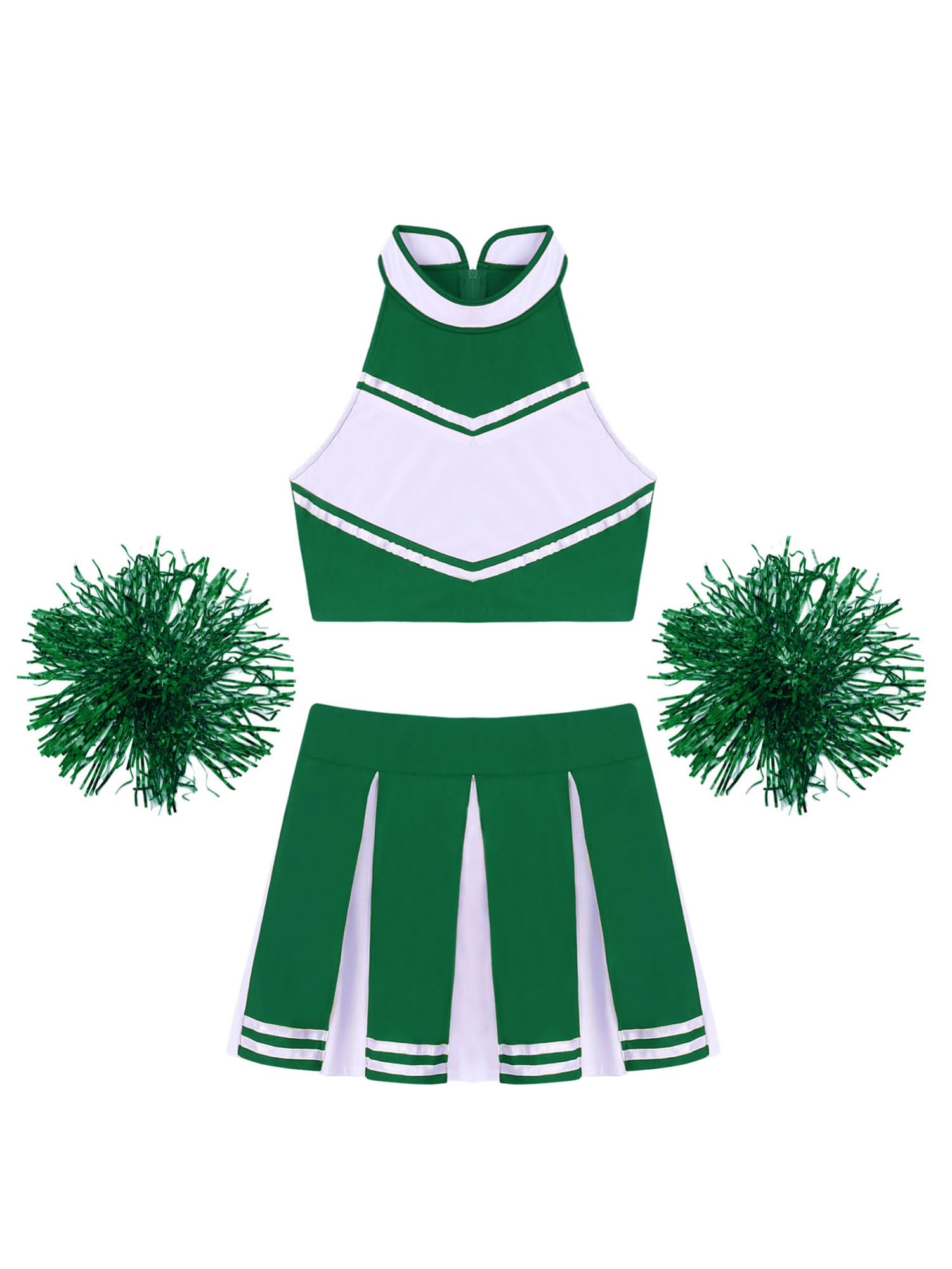 iEFiEL Set Tuta da Cheer-Leader per Donna Costume da Cheerleading Zipper Crop Top senza Manica Gonna a Pieghe Fiori 2 pcs per la Gara di Danza Competizione Partito