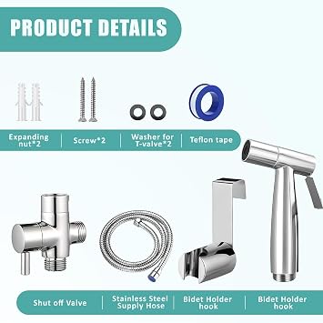Handheld Bidet Sprayer Kit, Stainless Steel Toilet Bidet Shower with T-Valve Adapter & Hose, Easy Install Shattaf for Personal Feminine Hygiene, Baby Diaper, Pet Bath and Toilet Cleaning (Silver)