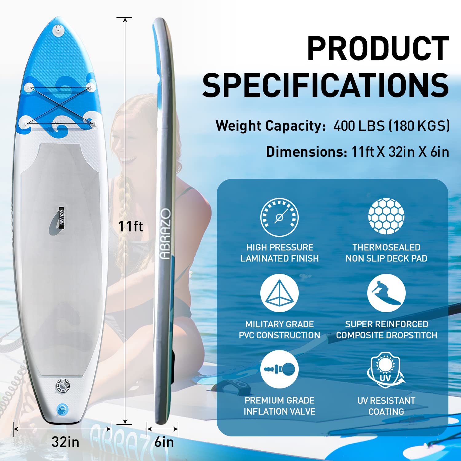 Abrazo Inflatable Stand Up Paddle Board for Adults - Durable, Thick and Slip Resistant Paddle Board with SUP Accessories, Includes Patch Repair Kit, Hand Pump, Ankle Cuff and Leash, and SUP Carry Bag