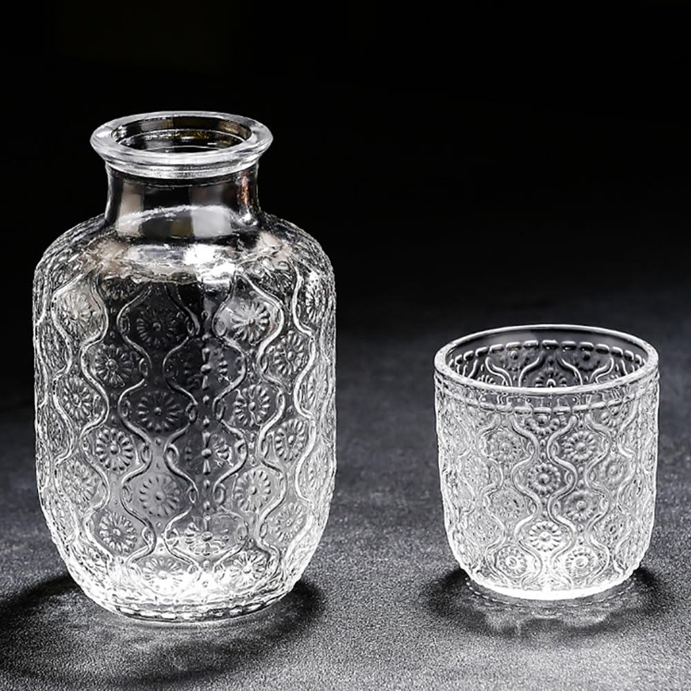 Juego de jarra de agua y vaso vintage para mesita de noche, jarra de vidrio de 18.5 onzas y taza de 5 onzas, juego de jarra de agua nocturna con vaso, jarra de agua de vidrio transparente con tapa