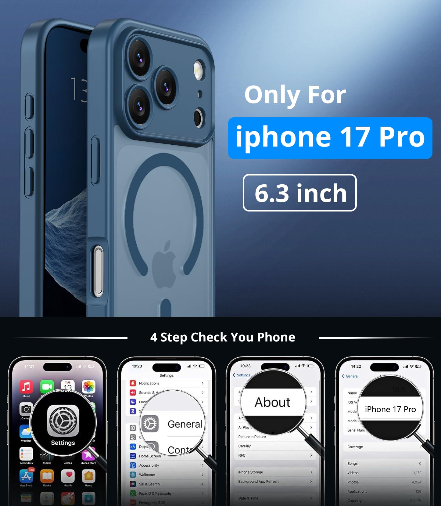 Vansdon Cover Magnetica per iPhone 17 Pro con 1 Pezzi Vetro Temperato, Compatibile con Magsafe, Protezione anticaduta di livello militare, Custodia Traslucida Opaca Sottile Antiurto-Blu Profondo