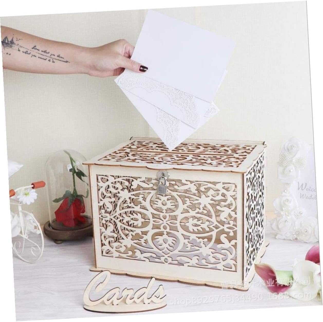 Wedding Card Box Large Wooden Hollow Envelope Holder with Slot for Money and Cards, Rustic Wedding Reception Decor, Party and Bridal Shower Supplies