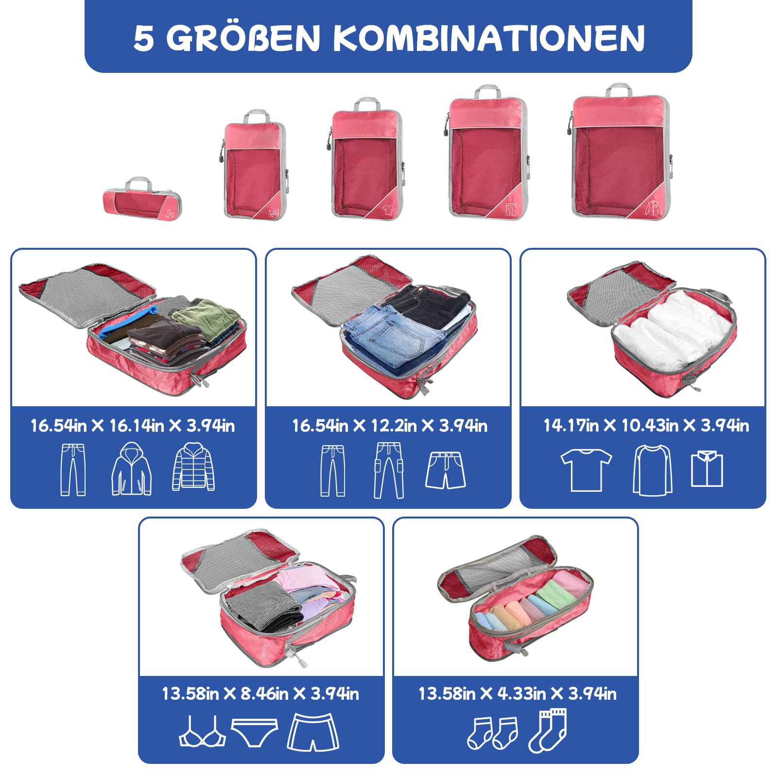 Set 5 Cubi Comprimibili Per Viaggi - Organizzatore Valigia Ultraleggero, Lavabile, Risparmia Spazio - Foto 10