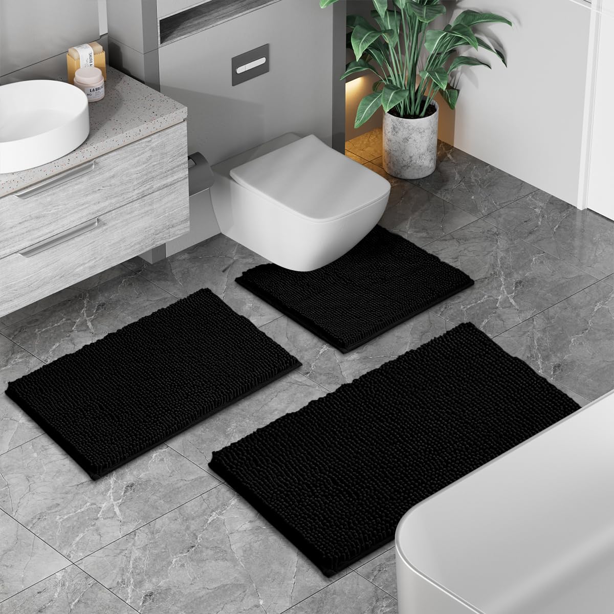 Juego de 2 alfombras de baño de felpilla gruesa, suaves, de secado rápido, alfombras de baño absorbentes con respaldo de PVC antideslizante, alfombra para bañeras, baño, sala de estar, 32 x 20 + 24 x 2