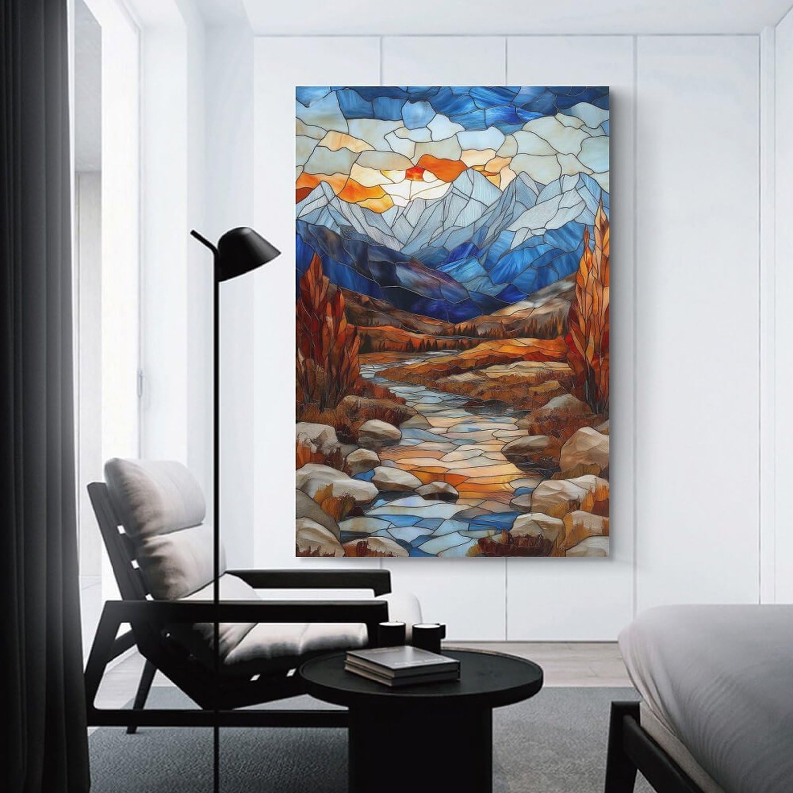 Junmoney Unframe-Style-20-1 Stained Glass Mountain Sunset Decorative Wall Artwork 12X18inch(30X45cm), For Corridors, Hallways Or Apartment Entries, Home Artwork For First Impressions
