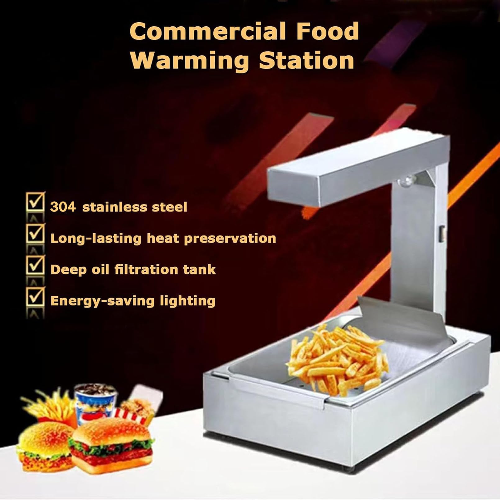 Lampada riscaldante per alimenti per uso commerciale, per esposizione da bancone, mantiene patatine fritte e churros caldi e croccanti