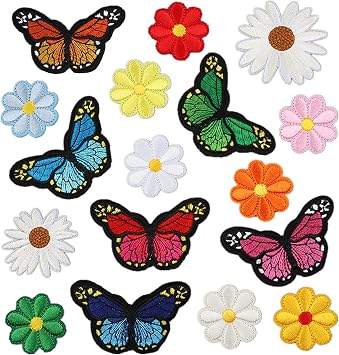 17 Pieces Flowers Butterfly Iron on Patches Decorative Embroidered Patches Applique Set Cute Sew On Applique Patches for Jeans Clothing Hats Bags Arts Crafts