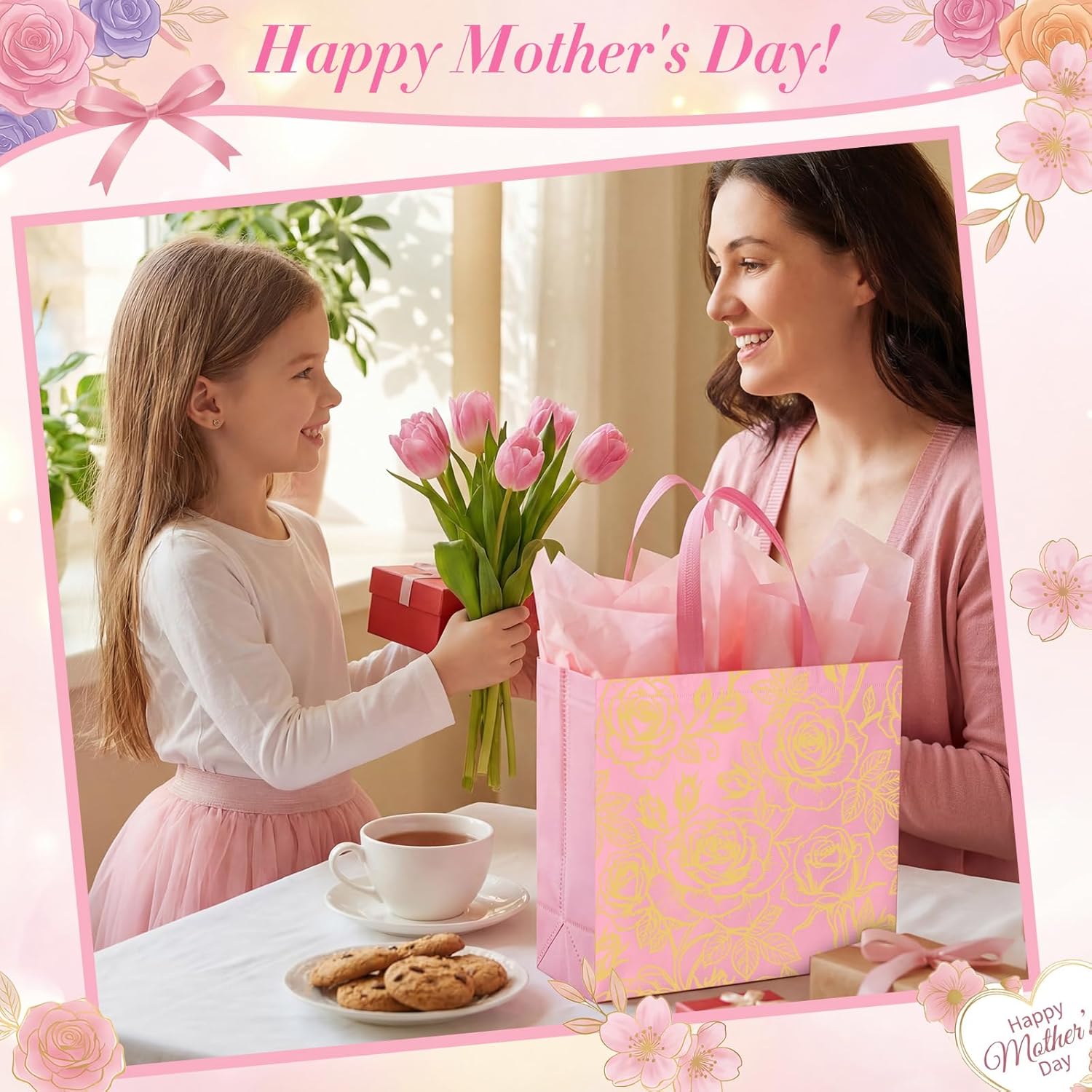 Eccliy 3 Pcs Large Gift Bags for Mother's Day, Floral Gift Bags with Handles for Women, Reusable Non Woven Rose Totes with Tissue Paper, Greeting Cards, Envelopes for Weddings, 12.2 x 11 x 4.7 in