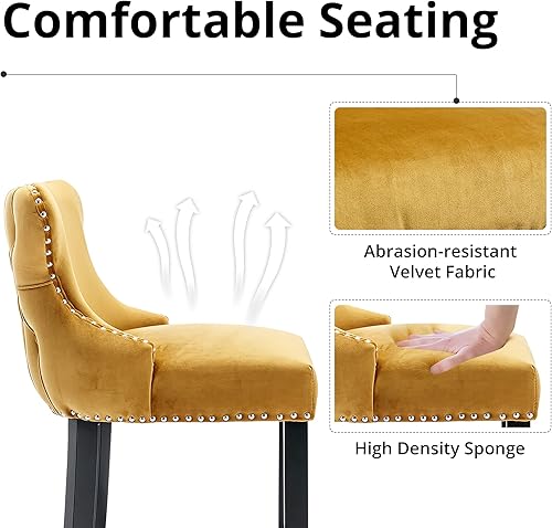 Miniatura 3 de i-POOK Juego de 2 taburetes de bar de altura de mostrador, taburetes de bar tapizados de terciopelo con patas de madera maciza, botones copetudos y