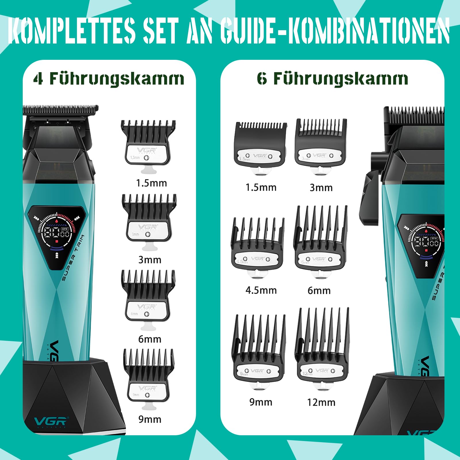 VGR 877S3 Profi Haarschneidemaschine Set, Kabelloser Titanbeschichtete Rasierer, Haarschneider Herren und Präzisionstrimmer mit 8000/9000 U/min Motor, Barber Set mit Ladestation, LED-Display, Grün