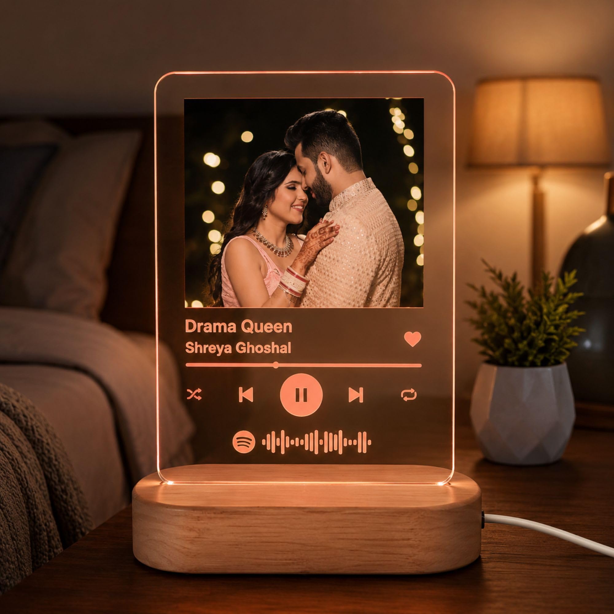 SHAYONA Acrylic Customized Photo and song Glass Spotify Plaque with wooden LED Light stand | Personalized Photo Music Frame with scannable code (Transparent, 6 x 9 Inches), Warm White brother sister gift 4