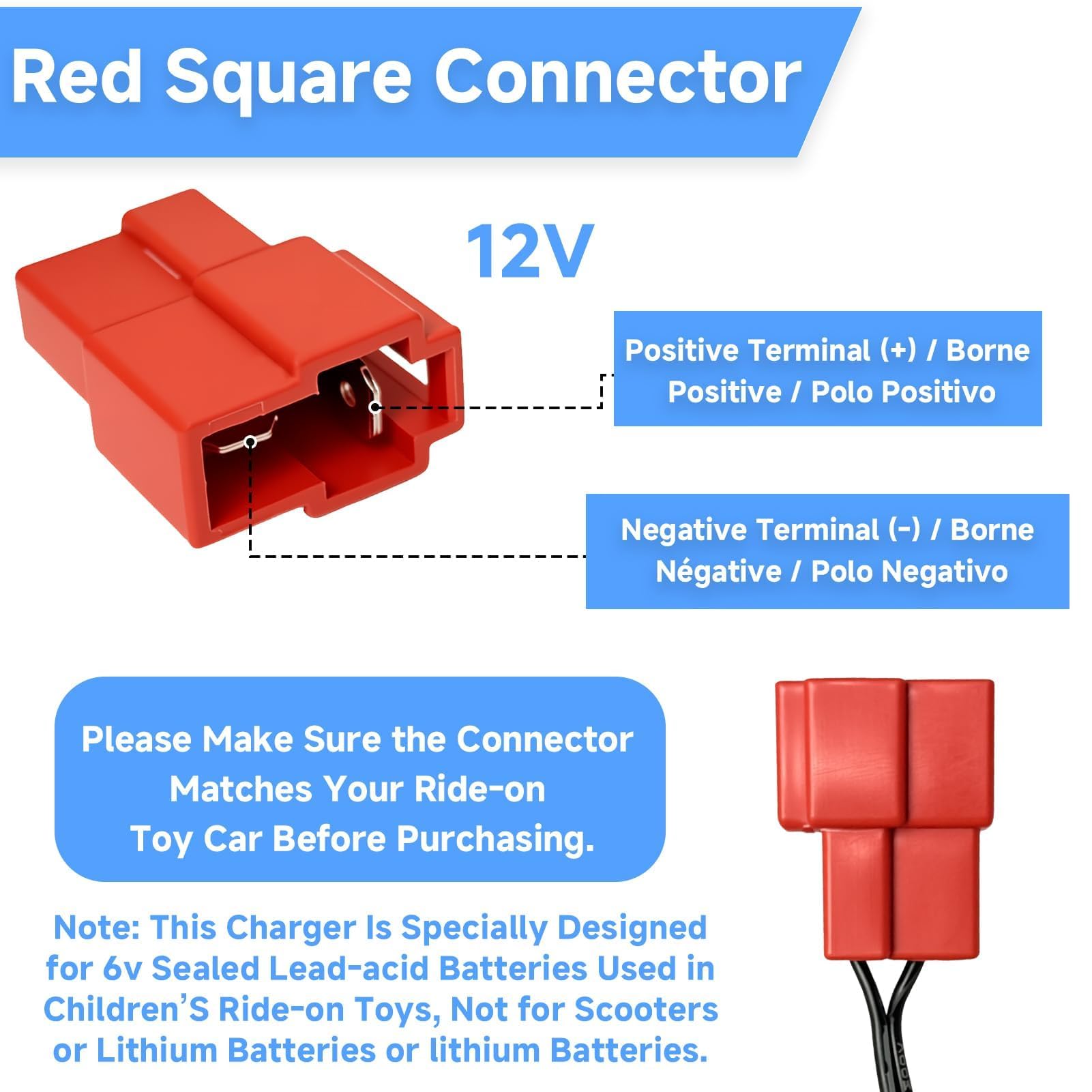 Cargador de Batería 12V para Vehículos Eléctricos Infantiles con Indicador LED Seguro Compatible con Coches de Juguete Moto ATV SUV Conector Cuadrado Compatible con BMX X6, Kid TRAX GMC, Wal-Mart, Mot
