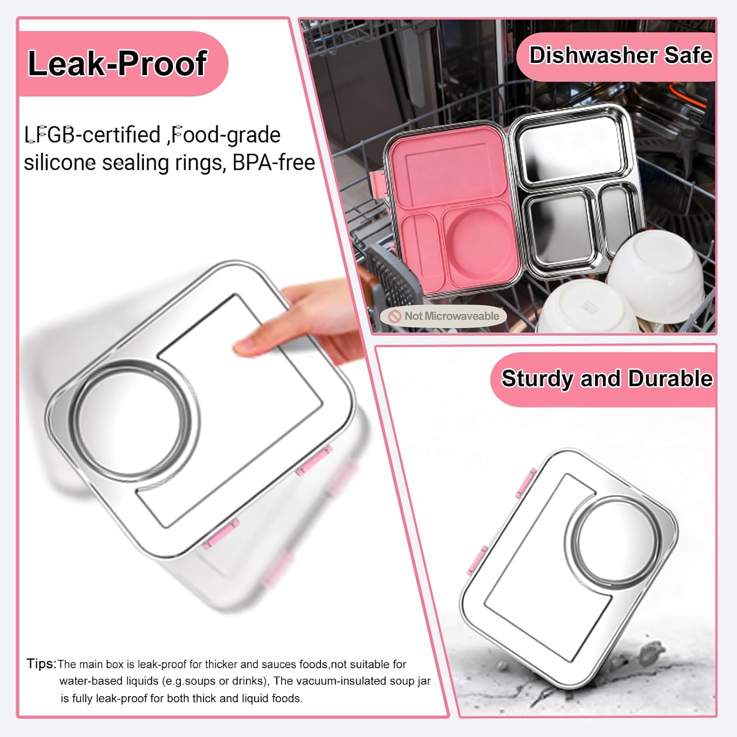 Stainless Steel Bento Lunch Box Older Kids ? Adult with Insulated Food Jar,Leakproof 3-Compartment,BPA-Free, Eco-Friendly,Dishwasher Safe,Compatible, Large-Capacity Box, School,Office,Travel ?Pink?