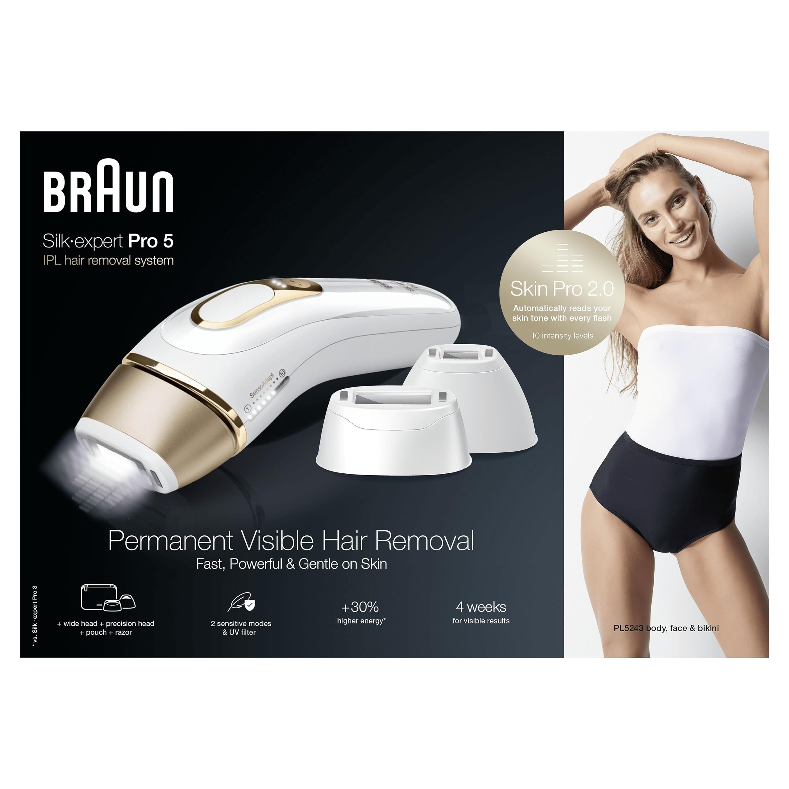 Braun Silk·expert Pro 5,épilateur à lumière pulsée,épilation semi-définitive à la maison,avec pochette,tête large,tête de précision et rasoir Venus,alternative à l’épilation au laser,Blanc/Doré,PL5243