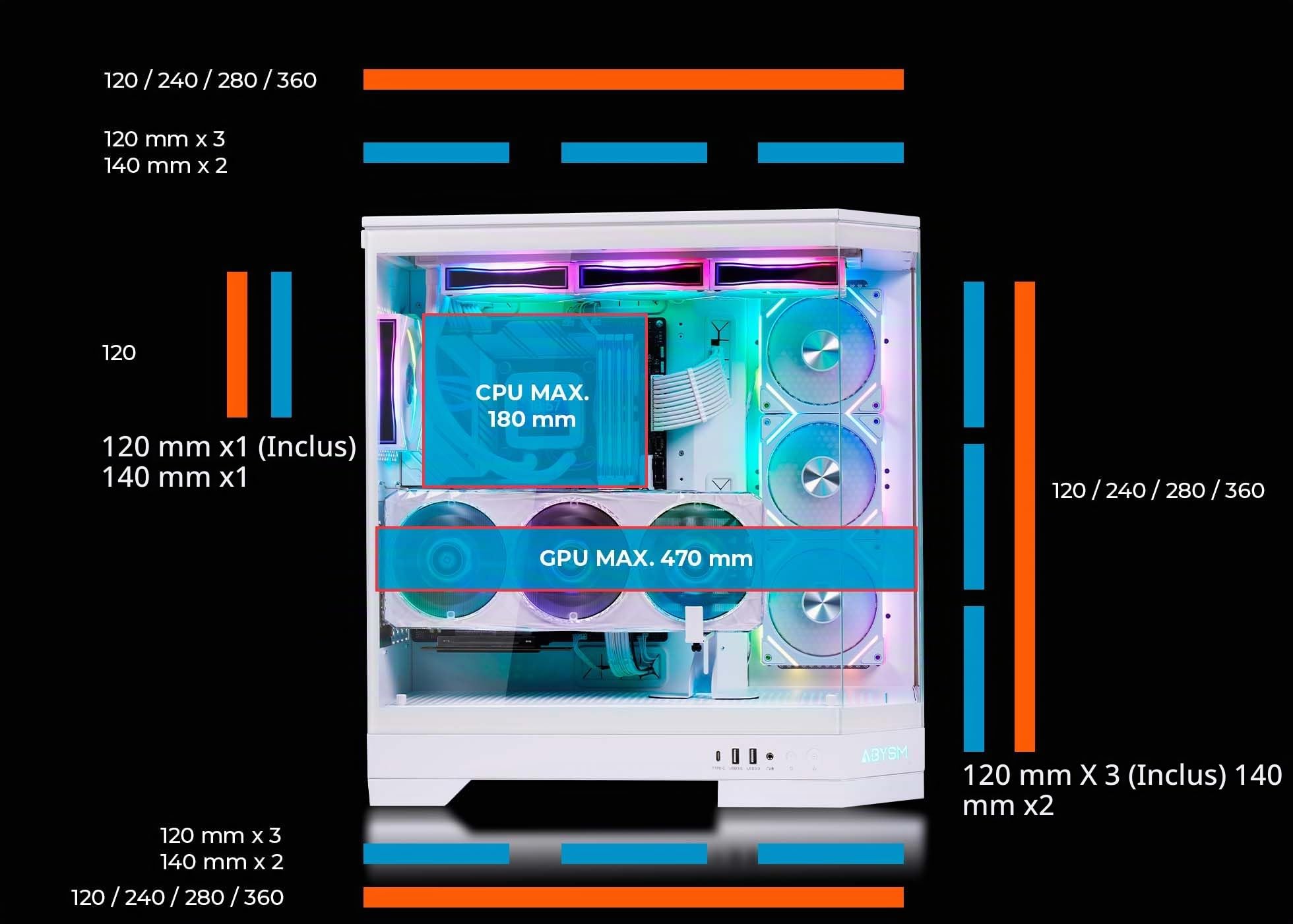 Abysm Gaming Danube SAVA H600 Boîtier PC Gamer E-ATX avec 3 Panneaux en Verre trempé, 4 Ventilateurs ARGB de 120 mm, contrôleur, Support pour GPU et câble Riser PCIe 4.0 16x