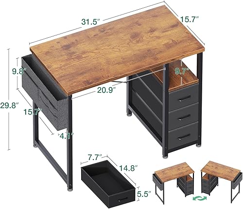Miniatura 3 de AODK - Escritorio pequeño de 32" para computadora con cajones de tela, escritorio de estudio para niñas y adolescentes para dormitorio, escritorio