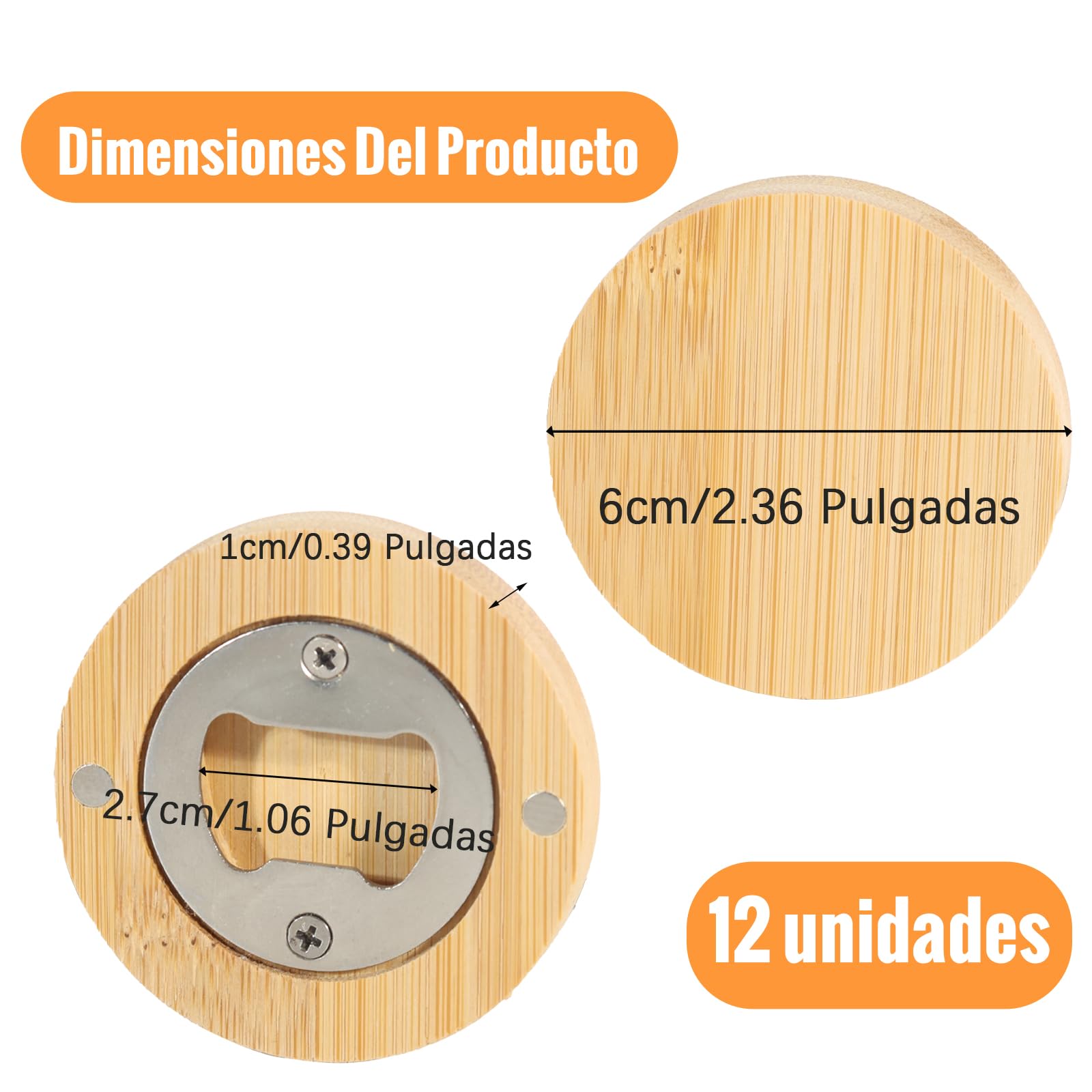 Abrebotellas de Madera Magnéticos Redondos de Acero Inoxidable Portátiles 12 Piezas