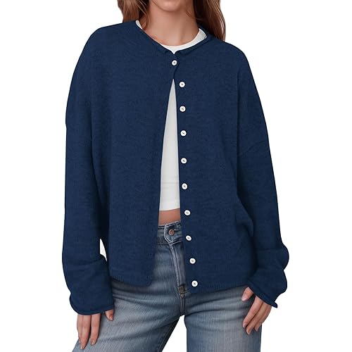 Saodimallsu Womens Button Up Cardigan Sweaters Long Sleeve Crew Neck Fall Soft Lightweight Knit Loose Sweater Tops